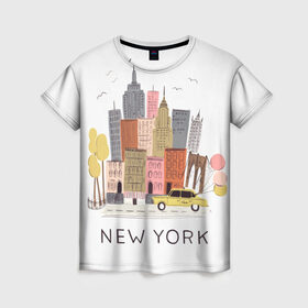 Женская футболка 3D с принтом Нью-Йорк в Екатеринбурге, 100% полиэфир ( синтетическое хлопкоподобное полотно) | прямой крой, круглый вырез горловины, длина до линии бедер | new york | воздушные шары | город | деревья | рисунок | такси