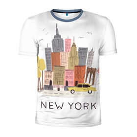 Мужская футболка 3D спортивная с принтом Нью-Йорк в Екатеринбурге, 100% полиэстер с улучшенными характеристиками | приталенный силуэт, круглая горловина, широкие плечи, сужается к линии бедра | Тематика изображения на принте: new york | воздушные шары | город | деревья | рисунок | такси