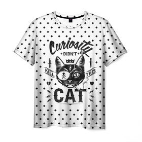 Мужская футболка 3D с принтом Curiosity Cat в Екатеринбурге, 100% полиэфир | прямой крой, круглый вырез горловины, длина до линии бедер | Тематика изображения на принте: animal | beast | cat | feline | gangsta | kill | king | kitty | meow | nature | гангстер | животное | зверь | король | кот | котенок | котик | кошка | мяу | природа