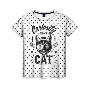 Женская футболка 3D с принтом Curiosity Cat в Екатеринбурге, 100% полиэфир ( синтетическое хлопкоподобное полотно) | прямой крой, круглый вырез горловины, длина до линии бедер | animal | beast | cat | feline | gangsta | kill | king | kitty | meow | nature | гангстер | животное | зверь | король | кот | котенок | котик | кошка | мяу | природа