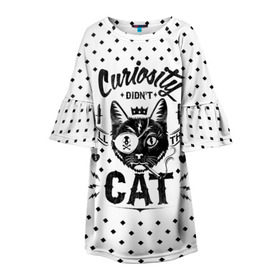 Детское платье 3D с принтом Curiosity Cat в Екатеринбурге, 100% полиэстер | прямой силуэт, чуть расширенный к низу. Круглая горловина, на рукавах — воланы | animal | beast | cat | feline | gangsta | kill | king | kitty | meow | nature | гангстер | животное | зверь | король | кот | котенок | котик | кошка | мяу | природа