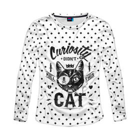 Женский лонгслив 3D с принтом Curiosity Cat в Екатеринбурге, 100% полиэстер | длинные рукава, круглый вырез горловины, полуприлегающий силуэт | animal | beast | cat | feline | gangsta | kill | king | kitty | meow | nature | гангстер | животное | зверь | король | кот | котенок | котик | кошка | мяу | природа