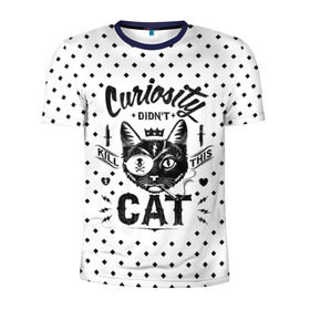 Мужская футболка 3D спортивная с принтом Curiosity Cat в Екатеринбурге, 100% полиэстер с улучшенными характеристиками | приталенный силуэт, круглая горловина, широкие плечи, сужается к линии бедра | Тематика изображения на принте: animal | beast | cat | feline | gangsta | kill | king | kitty | meow | nature | гангстер | животное | зверь | король | кот | котенок | котик | кошка | мяу | природа
