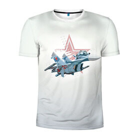 Мужская футболка 3D спортивная с принтом Су-27 в Екатеринбурге, 100% полиэстер с улучшенными характеристиками | приталенный силуэт, круглая горловина, широкие плечи, сужается к линии бедра | Тематика изображения на принте: авиация