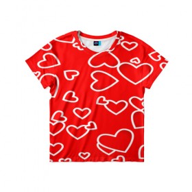 Детская футболка 3D с принтом Сердечки в Екатеринбурге, 100% гипоаллергенный полиэфир | прямой крой, круглый вырез горловины, длина до линии бедер, чуть спущенное плечо, ткань немного тянется | Тематика изображения на принте: красный | паттерн | сердечки