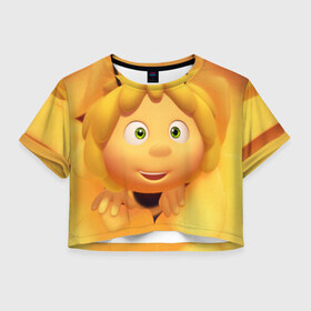 Женская футболка 3D укороченная с принтом Пчелка Майя в Екатеринбурге, 100% полиэстер | круглая горловина, длина футболки до линии талии, рукава с отворотами | пчелка майя