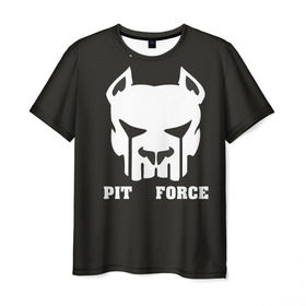 Мужская футболка 3D с принтом Pit Force в Екатеринбурге, 100% полиэфир | прямой крой, круглый вырез горловины, длина до линии бедер | Тематика изображения на принте: pit force | белый | боец | друг человека | животные | питбуль | порода | собака | цвет | чёрный