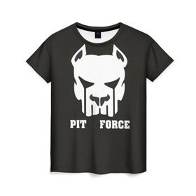 Женская футболка 3D с принтом Pit Force в Екатеринбурге, 100% полиэфир ( синтетическое хлопкоподобное полотно) | прямой крой, круглый вырез горловины, длина до линии бедер | pit force | белый | боец | друг человека | животные | питбуль | порода | собака | цвет | чёрный