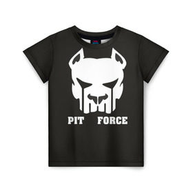 Детская футболка 3D с принтом Pit Force в Екатеринбурге, 100% гипоаллергенный полиэфир | прямой крой, круглый вырез горловины, длина до линии бедер, чуть спущенное плечо, ткань немного тянется | pit force | белый | боец | друг человека | животные | питбуль | порода | собака | цвет | чёрный