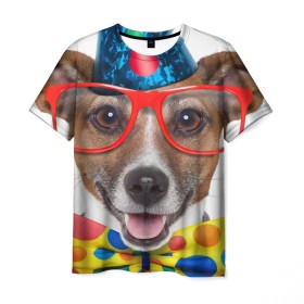Мужская футболка 3D с принтом Джек рассел - клоун в Екатеринбурге, 100% полиэфир | прямой крой, круглый вырез горловины, длина до линии бедер | волкодав | дворняжка | джек | джек рассел | домашние животные | любимец | мопс | овчарка | пес | песик | питомец | рассел | сенбернар | собака | собачка