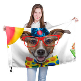 Флаг 3D с принтом Джек рассел - клоун в Екатеринбурге, 100% полиэстер | плотность ткани — 95 г/м2, размер — 67 х 109 см. Принт наносится с одной стороны | волкодав | дворняжка | джек | джек рассел | домашние животные | любимец | мопс | овчарка | пес | песик | питомец | рассел | сенбернар | собака | собачка