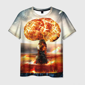 Мужская футболка 3D с принтом Атомный взрыв в Екатеринбурге, 100% полиэфир | прямой крой, круглый вырез горловины, длина до линии бедер | Тематика изображения на принте: city | earth | explosion | mushroom | night | nuclear | sky | атомный | взрыв | город | гриб | земля | небо | ночь
