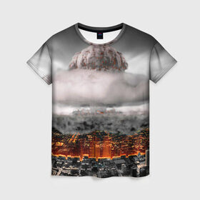 Женская футболка 3D с принтом Атомный взрыв в Екатеринбурге, 100% полиэфир ( синтетическое хлопкоподобное полотно) | прямой крой, круглый вырез горловины, длина до линии бедер | city | earth | explosion | heaven | mushroom | nuclear | атомный | взрыв | город | гриб | земля | небо