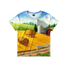 Детская футболка 3D с принтом Ферма в Екатеринбурге, 100% гипоаллергенный полиэфир | прямой крой, круглый вырез горловины, длина до линии бедер, чуть спущенное плечо, ткань немного тянется | пейзаж | яркий