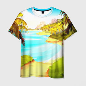 Мужская футболка 3D с принтом Тропический остров в Екатеринбурге, 100% полиэфир | прямой крой, круглый вырез горловины, длина до линии бедер | jungle | деревья | джунгли | зелень | кусты | лес | лодки | мох | океан | пальмы | пляж | тропики | экзотика