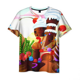 Мужская футболка 3D с принтом Candy Town в Екатеринбурге, 100% полиэфир | прямой крой, круглый вырез горловины, длина до линии бедер | Тематика изображения на принте: конфеты | пирожные | сладости | яркий