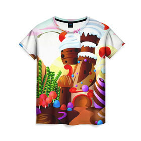 Женская футболка 3D с принтом Candy Town в Екатеринбурге, 100% полиэфир ( синтетическое хлопкоподобное полотно) | прямой крой, круглый вырез горловины, длина до линии бедер | Тематика изображения на принте: конфеты | пирожные | сладости | яркий