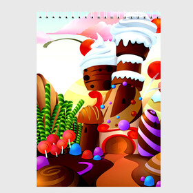Скетчбук с принтом Candy Town в Екатеринбурге, 100% бумага
 | 48 листов, плотность листов — 100 г/м2, плотность картонной обложки — 250 г/м2. Листы скреплены сверху удобной пружинной спиралью | конфеты | пирожные | сладости | яркий