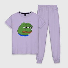 Женская пижама хлопок с принтом SAD FROG в Екатеринбурге, 100% хлопок | брюки и футболка прямого кроя, без карманов, на брюках мягкая резинка на поясе и по низу штанин | meme | pepe frog | pepe the frog | sad frog | грустная лягушка | мем