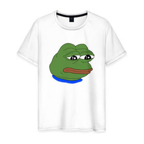 Мужская футболка хлопок с принтом SAD FROG в Екатеринбурге, 100% хлопок | прямой крой, круглый вырез горловины, длина до линии бедер, слегка спущенное плечо. | meme | pepe frog | pepe the frog | sad frog | грустная лягушка | мем