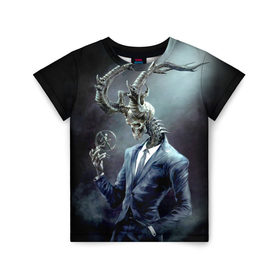Детская футболка 3D с принтом Скелетон в Екатеринбурге, 100% гипоаллергенный полиэфир | прямой крой, круглый вырез горловины, длина до линии бедер, чуть спущенное плечо, ткань немного тянется | костюм | рога | скелет | череп