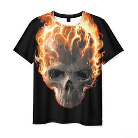 Мужская футболка 3D с принтом Череп в огне в Екатеринбурге, 100% полиэфир | прямой крой, круглый вырез горловины, длина до линии бедер | background | black | death | fire | flame | skeleton | skull | огонь | пламя | скелет | фон | череп | черный