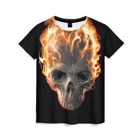 Женская футболка 3D с принтом Череп в огне в Екатеринбурге, 100% полиэфир ( синтетическое хлопкоподобное полотно) | прямой крой, круглый вырез горловины, длина до линии бедер | background | black | death | fire | flame | skeleton | skull | огонь | пламя | скелет | фон | череп | черный