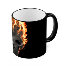 Кружка 3D с принтом Череп в огне в Екатеринбурге, керамика | ёмкость 330 мл | background | black | death | fire | flame | skeleton | skull | огонь | пламя | скелет | фон | череп | черный