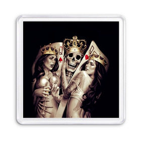 Магнит 55*55 с принтом Скелетоны в Екатеринбурге, Пластик | Размер: 65*65 мм; Размер печати: 55*55 мм | background | black | cards | color | crown | death | game | girl | hearts | king | queen | skeleton | skull | spades | tattoo | девушки | игра | карты | королевы | король | короны | масть | пики | скелет | тату | фон | черви 