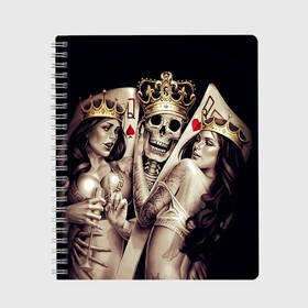 Тетрадь с принтом Скелетоны в Екатеринбурге, 100% бумага | 48 листов, плотность листов — 60 г/м2, плотность картонной обложки — 250 г/м2. Листы скреплены сбоку удобной пружинной спиралью. Уголки страниц и обложки скругленные. Цвет линий — светло-серый
 | background | black | cards | color | crown | death | game | girl | hearts | king | queen | skeleton | skull | spades | tattoo | девушки | игра | карты | королевы | король | короны | масть | пики | скелет | тату | фон | черви 