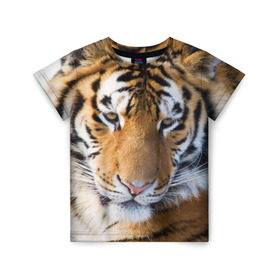 Детская футболка 3D с принтом Тигр в Екатеринбурге, 100% гипоаллергенный полиэфир | прямой крой, круглый вырез горловины, длина до линии бедер, чуть спущенное плечо, ткань немного тянется | Тематика изображения на принте: амурский | животные | киса | кот | котенок | кошка | пума | рысь | серый | тигр | хищник