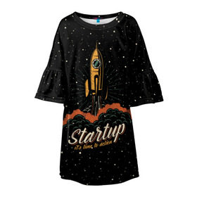 Детское платье 3D с принтом Startup Space в Екатеринбурге, 100% полиэстер | прямой силуэт, чуть расширенный к низу. Круглая горловина, на рукавах — воланы | Тематика изображения на принте: cosmos | galaxy | planet | rocket | space | star | взлет | галактика | звезды | корабль | космос | планета | ракета