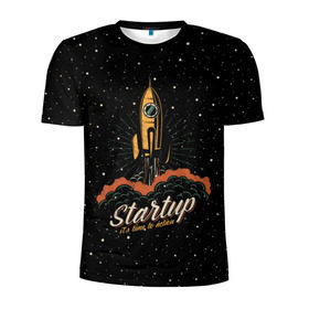 Мужская футболка 3D спортивная с принтом Startup Space в Екатеринбурге, 100% полиэстер с улучшенными характеристиками | приталенный силуэт, круглая горловина, широкие плечи, сужается к линии бедра | cosmos | galaxy | planet | rocket | space | star | взлет | галактика | звезды | корабль | космос | планета | ракета