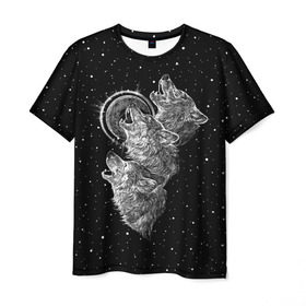 Мужская футболка 3D с принтом Волчий вой в Екатеринбурге, 100% полиэфир | прямой крой, круглый вырез горловины, длина до линии бедер | animal | beast | moon | music | nature | night | rage | roar | star | wolf | вой | волк | волчица | животное | звезды | зверь | луна | мелодия | ночь | природа | рык | хищник | ярость