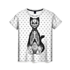 Женская футболка 3D с принтом Готический кот в Екатеринбурге, 100% полиэфир ( синтетическое хлопкоподобное полотно) | прямой крой, круглый вырез горловины, длина до линии бедер | bone | cat | death | feline | gothic | hipster | kitty | meow | skelet | skull | tatoo | готика | кости | кот | котенок | котик | кошка | мяу | скелет | тату | хипстер | череп