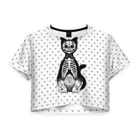 Женская футболка 3D укороченная с принтом Готический кот в Екатеринбурге, 100% полиэстер | круглая горловина, длина футболки до линии талии, рукава с отворотами | bone | cat | death | feline | gothic | hipster | kitty | meow | skelet | skull | tatoo | готика | кости | кот | котенок | котик | кошка | мяу | скелет | тату | хипстер | череп