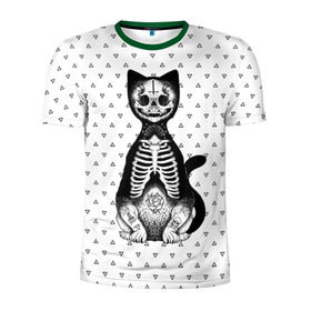 Мужская футболка 3D спортивная с принтом Готический кот в Екатеринбурге, 100% полиэстер с улучшенными характеристиками | приталенный силуэт, круглая горловина, широкие плечи, сужается к линии бедра | bone | cat | death | feline | gothic | hipster | kitty | meow | skelet | skull | tatoo | готика | кости | кот | котенок | котик | кошка | мяу | скелет | тату | хипстер | череп