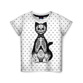 Детская футболка 3D с принтом Готический кот в Екатеринбурге, 100% гипоаллергенный полиэфир | прямой крой, круглый вырез горловины, длина до линии бедер, чуть спущенное плечо, ткань немного тянется | bone | cat | death | feline | gothic | hipster | kitty | meow | skelet | skull | tatoo | готика | кости | кот | котенок | котик | кошка | мяу | скелет | тату | хипстер | череп