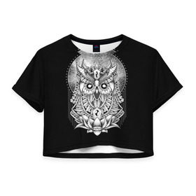 Женская футболка 3D укороченная с принтом Королевская сова в Екатеринбурге, 100% полиэстер | круглая горловина, длина футболки до линии талии, рукава с отворотами | bird | forest | moon | nature | night | owl | queen | tatoo | wood | королева | лес | луна | ночь | природа | птица | сова | тату