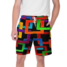 Мужские шорты 3D с принтом Check maze в Екатеринбурге,  полиэстер 100% | прямой крой, два кармана без застежек по бокам. Мягкая трикотажная резинка на поясе, внутри которой широкие завязки. Длина чуть выше колен | Тематика изображения на принте: квадраты | паттерн | разноцветный | яркий