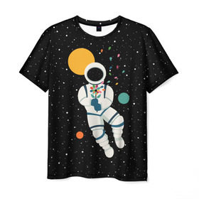 Мужская футболка 3D с принтом Космический романтик в Екатеринбурге, 100% полиэфир | прямой крой, круглый вырез горловины, длина до линии бедер | astronaut | cosmonaut | cosmos | galaxy | moon | planet | space | star | астронавт | галактика | звезды | космонавт | космос | луна | планета | скафандр