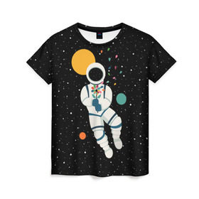 Женская футболка 3D с принтом Космический романтик в Екатеринбурге, 100% полиэфир ( синтетическое хлопкоподобное полотно) | прямой крой, круглый вырез горловины, длина до линии бедер | astronaut | cosmonaut | cosmos | galaxy | moon | planet | space | star | астронавт | галактика | звезды | космонавт | космос | луна | планета | скафандр