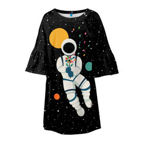Детское платье 3D с принтом Космический романтик в Екатеринбурге, 100% полиэстер | прямой силуэт, чуть расширенный к низу. Круглая горловина, на рукавах — воланы | Тематика изображения на принте: astronaut | cosmonaut | cosmos | galaxy | moon | planet | space | star | астронавт | галактика | звезды | космонавт | космос | луна | планета | скафандр