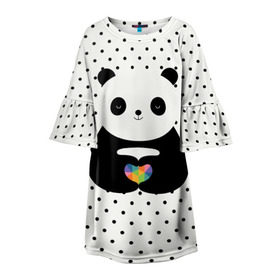 Детское платье 3D с принтом Любовь панды в Екатеринбурге, 100% полиэстер | прямой силуэт, чуть расширенный к низу. Круглая горловина, на рукавах — воланы | Тематика изображения на принте: animal | bear | beast | forest | heart | love | nature | panda | животное | зверь | лес | любовь | медведь | панда | природа | сердце | страсть