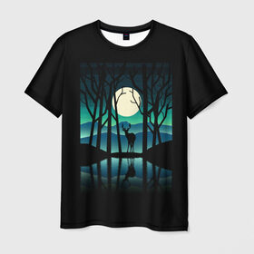 Мужская футболка 3D с принтом Ночная природа в Екатеринбурге, 100% полиэфир | прямой крой, круглый вырез горловины, длина до линии бедер | forest | lake | moon | nature | night | star | wood | звезды | лес | луна | ночь | озеро | природа