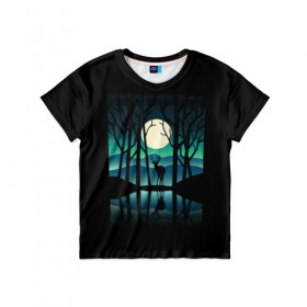 Детская футболка 3D с принтом Ночная природа в Екатеринбурге, 100% гипоаллергенный полиэфир | прямой крой, круглый вырез горловины, длина до линии бедер, чуть спущенное плечо, ткань немного тянется | forest | lake | moon | nature | night | star | wood | звезды | лес | луна | ночь | озеро | природа