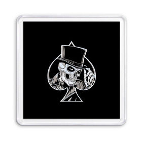 Магнит 55*55 с принтом Скелетон в Екатеринбурге, Пластик | Размер: 65*65 мм; Размер печати: 55*55 мм | background | black | card | cylinder | death | game | hat | skeleton | skull | spades | suit | игра | карты | масть | пики | скелет | фон | цилиндр | череп | черный | шляпа
