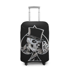 Чехол для чемодана 3D с принтом Скелетон в Екатеринбурге, 86% полиэфир, 14% спандекс | двустороннее нанесение принта, прорези для ручек и колес | background | black | card | cylinder | death | game | hat | skeleton | skull | spades | suit | игра | карты | масть | пики | скелет | фон | цилиндр | череп | черный | шляпа