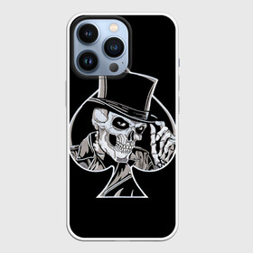 Чехол для iPhone 13 Pro с принтом Скелетон в Екатеринбурге,  |  | background | black | card | cylinder | death | game | hat | skeleton | skull | spades | suit | игра | карты | масть | пики | скелет | фон | цилиндр | череп | черный | шляпа