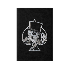 Обложка для паспорта матовая кожа с принтом Скелетон в Екатеринбурге, натуральная матовая кожа | размер 19,3 х 13,7 см; прозрачные пластиковые крепления | Тематика изображения на принте: background | black | card | cylinder | death | game | hat | skeleton | skull | spades | suit | игра | карты | масть | пики | скелет | фон | цилиндр | череп | черный | шляпа